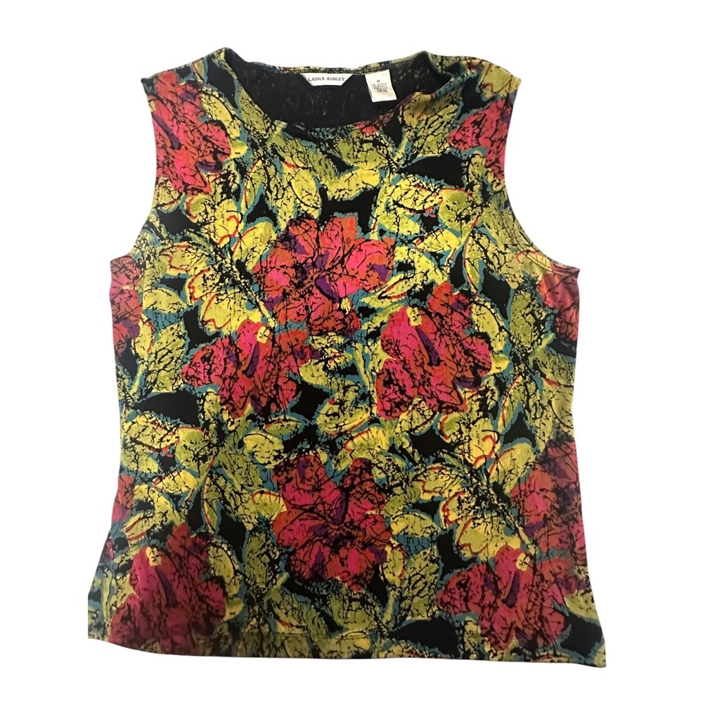 Laura Ashley Womens Floral Sleeveless Top Medium Multicolor Acetate Blend Tank